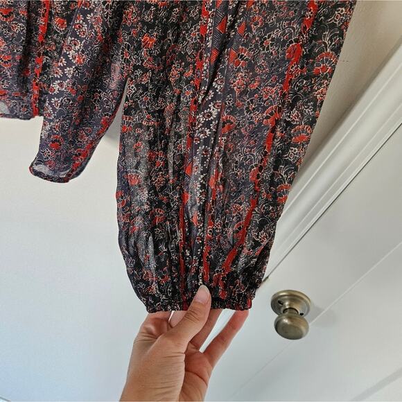 Ulla Johnson Women's Navy Red Floral Print Deetra Silk Peasant Blouse Size 6 - Picture 10 of 16